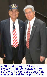 WWII vet Joaquin "Jack" Tajeda celebrates with Sen. Akaka