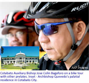 Cotabato Auxiliary Bishop Jose Colin Bagaforo on a bike tour with other prelates. Inset - Archbishop Quevedo's palatial residence in Cotabato City. 