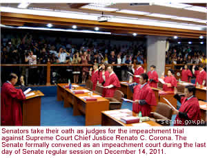 Senators take their oath as judges for the impeachment trial against Supreme Court Chief Justice Renato C. Corona