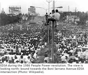 EDSA during the 1986 People Power revolution. The view is looking northbound towards the Boni Serrano Avenue-EDSA intersection