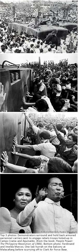 Top three photos: Demonstrators surround and hold back armored personnel carriers sent to engage rebels troops holed-up in Camps Crame and Aquinaldo. Bottom photo: Ferdinand and Imelda Marcos. One last hurrah on the balcony at Malacaang before scurrying off to Clark Air Force Base