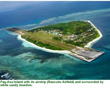Pag-Asa Island with its airstrip (Rancudo Airfield) and surrounded by white sandy beaches