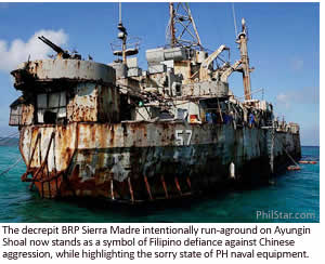 The decrepit BRP Sierra Madre intentionally run-aground on Ayungin Shoal now stands as a symbol of Filipino defiance against Chinese aggression, while highlighting the sorry state of PH naval equipment