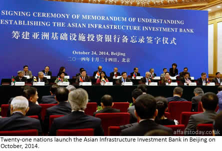 Twenty-one nations launch the Asian Infrastructure Investment Bank in Beijing in October 2014