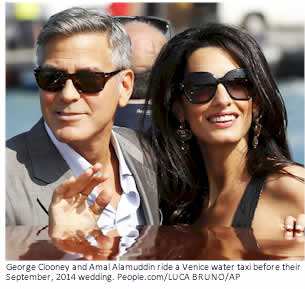 George Clooney and Amal Alamuddin ride a Venice water taxi before their September, 2014 wedding