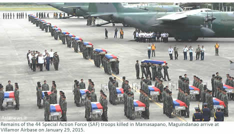 Remains of the 44 Special Action Force (SAF) troops killed in Mamasapano, Maguindanao arrive at Villamor Airbase on January 29, 2015