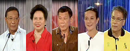 Presidential candidates: Jejomar Binay, Miriam defensor-Santiago, Drodrigo Duterte, Grace Poe, and Mar Roxas. Photo: ABS-CBN screengrab