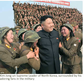 Kim Jong-un Supreme Leader of North Korea, surrounded by his adoring fans in the military