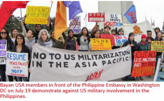 Bayan USA members in front of the Philippine Embassy in Washington DC on July 19 demonstrate against US military involvement in the Philippines