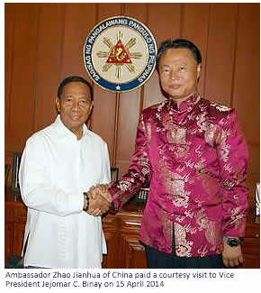 Ambassador Zhao Jianhua of China paid a courtesy visit to Vice President Jejomar C. Binay on 15 April 2014